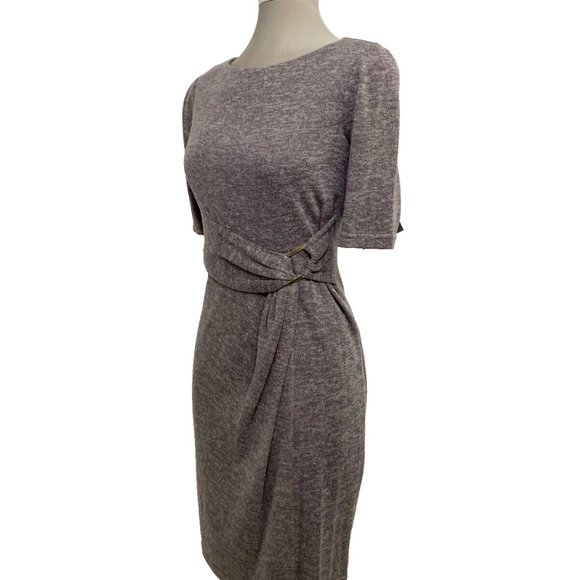 Ellen Tracy NWT Taupe Sweater Dress Accentuated Waist Gold Buckle - Picture 3 of 7